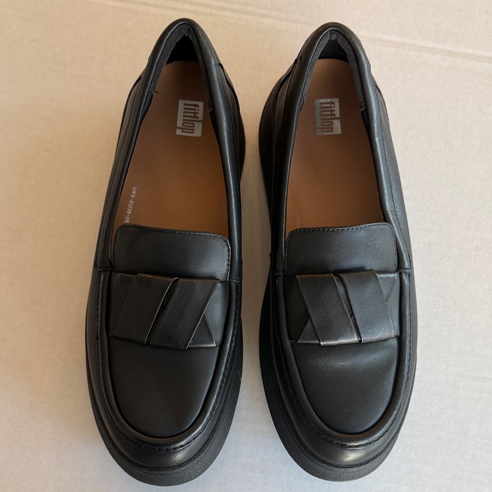 Fitflop Black Women's Folded Leather Flatform Loafers Platform F-Mode Slip-On